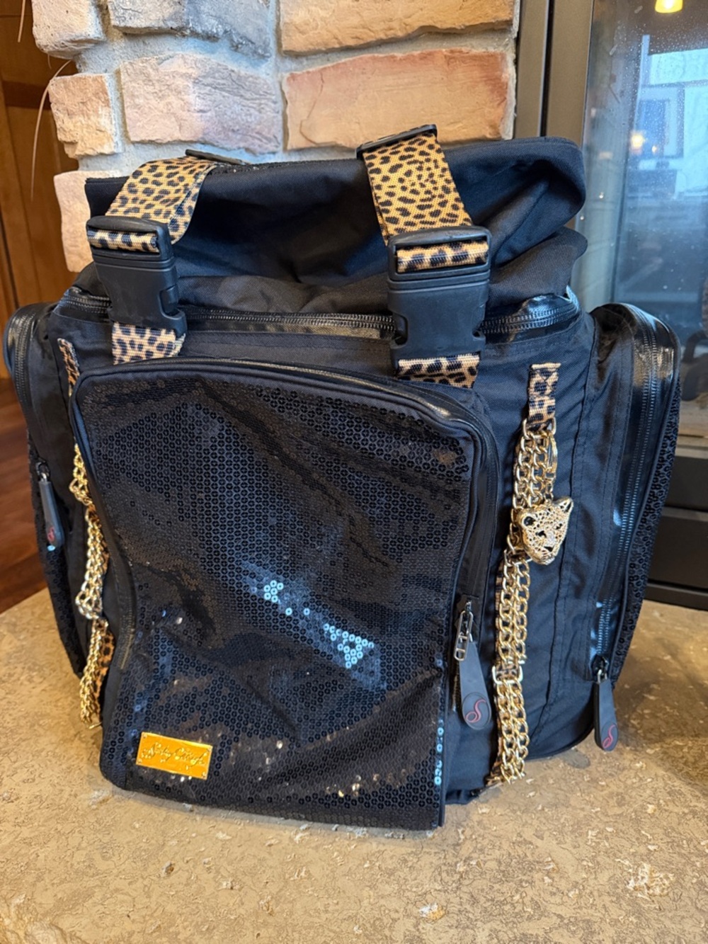Rare Sterling O’Keefe Ski Boot Backpack Leopard-Print Straps Gold Chain Accents